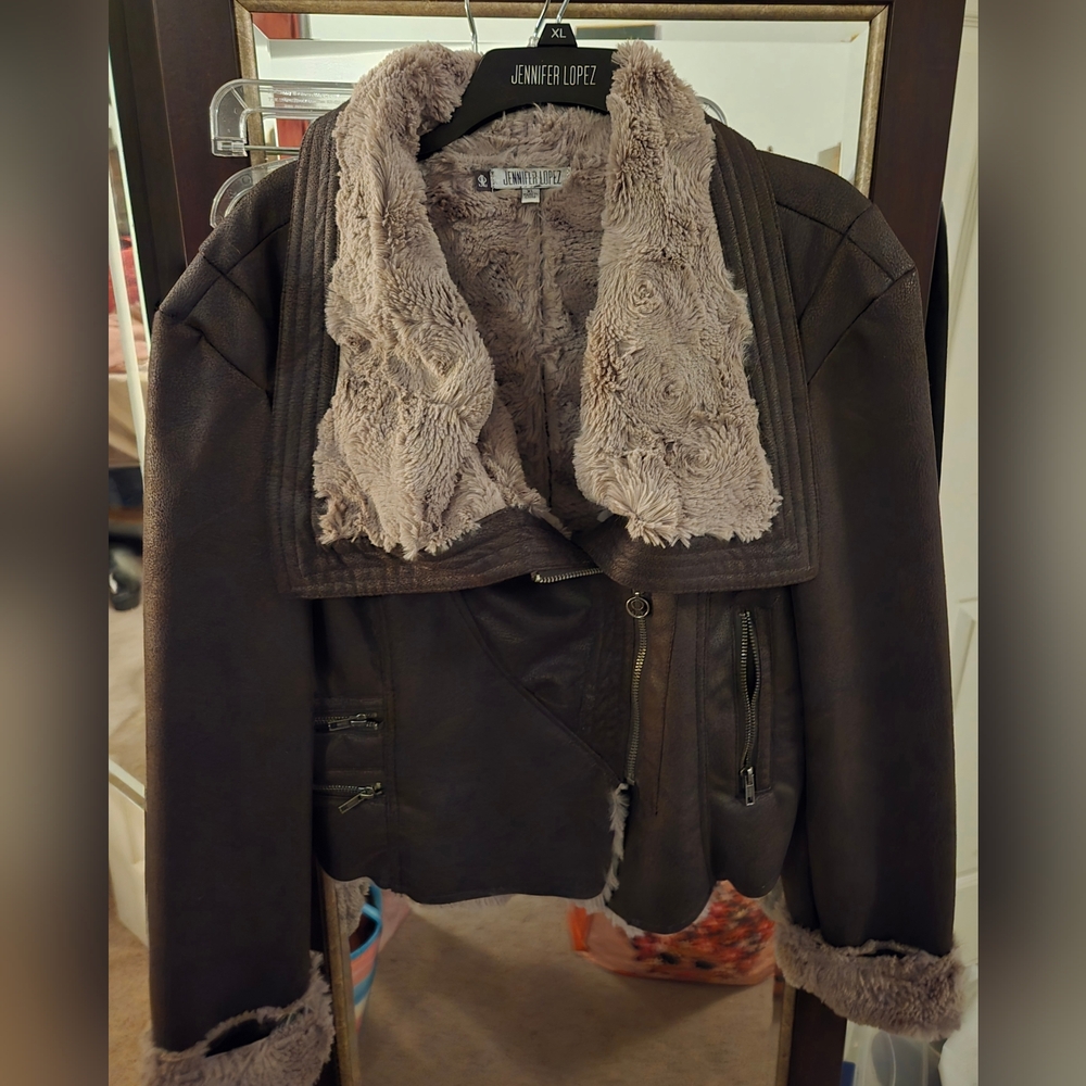 Jennifer Lopez Faux  Brown Leather Women's Motorcycle Jacket, XL